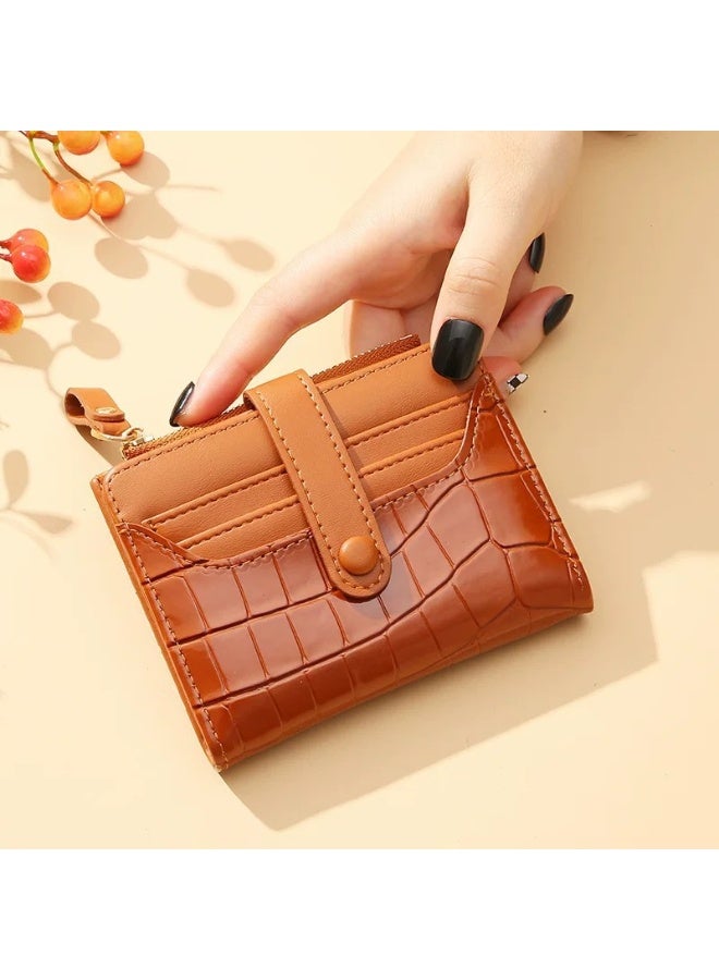 Brown Women's Wallet, Square Bifold Wallet Zipper Leather Coin Purse Credit Card Holder Small Women's Wallet Fashion Texture Pattern ID Window